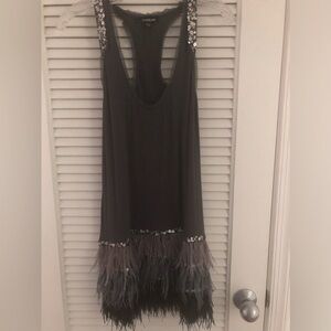 Bebe Grey Racerback Dress with Sequins and Fringe Detail